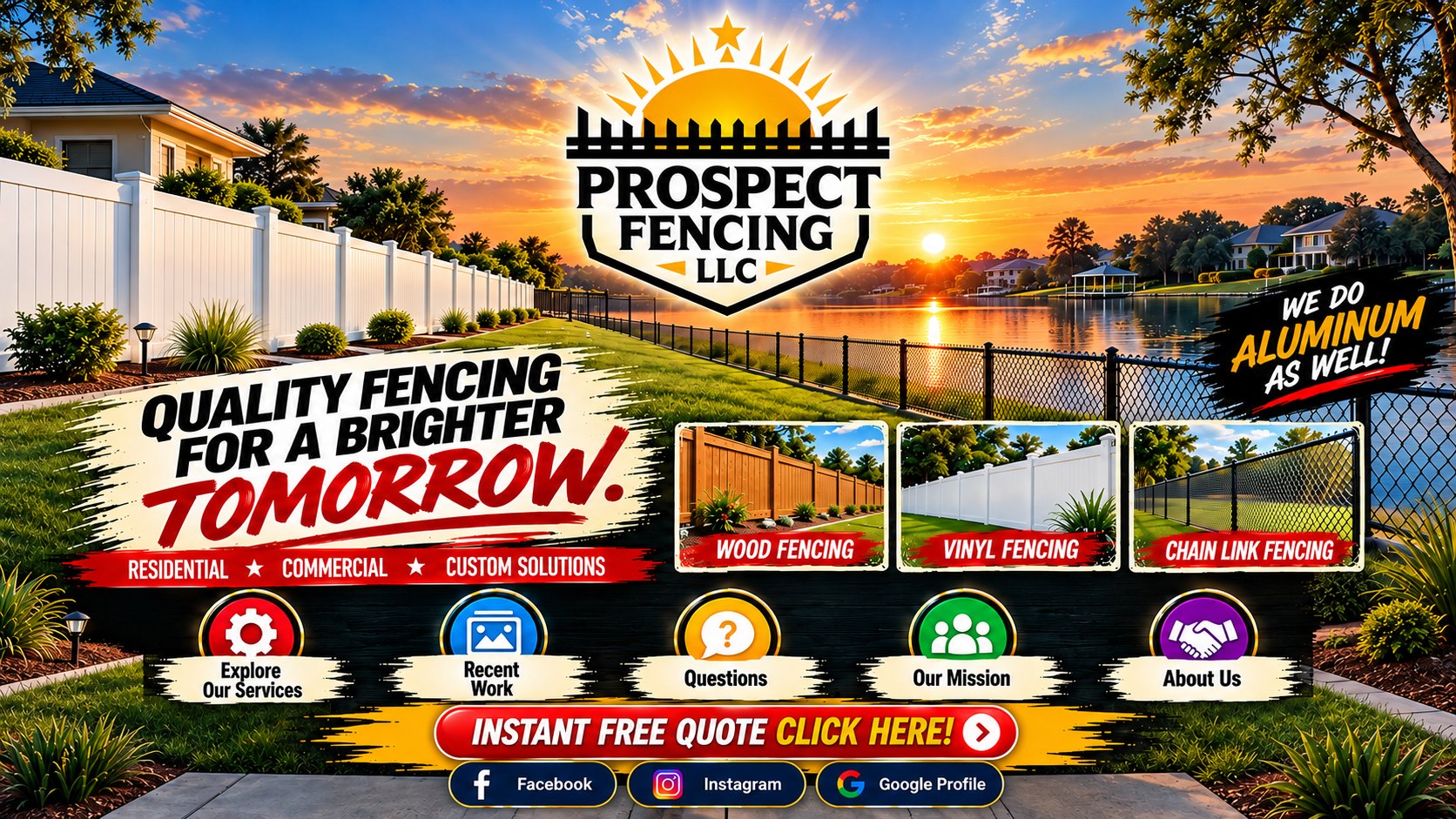 Prospect Fencing LLC: Built Right. Built Local. Quality fencing for a brighter tomorrow. Wood, vinyl, chain link and aluminum fencing with a sunset over a Florida lakefront.